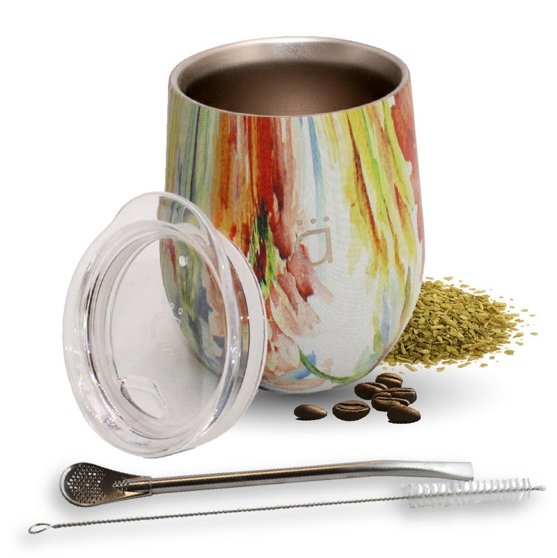 Kalmateh Yerba Mate Gourd 8 oz, Double Wall Stainless Steel Mate Cup with BPA-Free Lid, Bombilla Filter Straw & Cleaning Brush, Perfect for Hot & Cold Drinks - Flower - Image 1